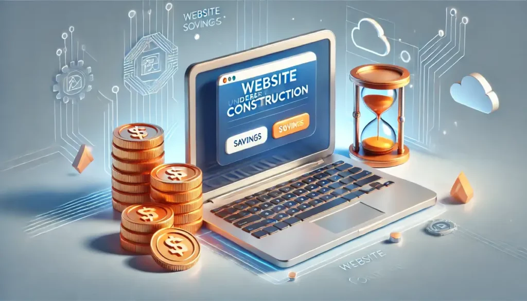Ilustración conceptual del alquiler de páginas web: ahorro de costes iniciales, implementación rápida y flexibilidad para negocios