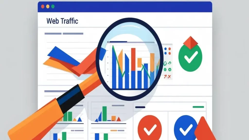 Lupa analizando gráficos de rendimiento SEO en pantalla, con iconos de errores y soluciones para auditoría web