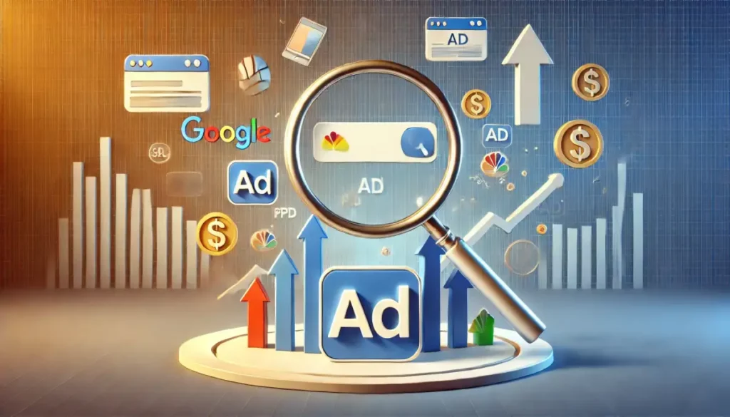 Ilustración de campañas SEM: anuncios de pago en Google para negocios, con análisis de datos y optimización de inversión.