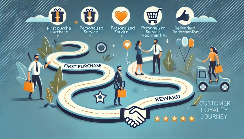 lustración del viaje de fidelización de clientes: desde la primera compra hasta la recomendación, con iconos de recompensas y servicio personalizado. Estrategias para negocios en 2025.