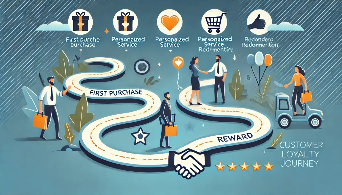 lustración del viaje de fidelización de clientes: desde la primera compra hasta la recomendación, con iconos de recompensas y servicio personalizado. Estrategias para negocios en 2025.