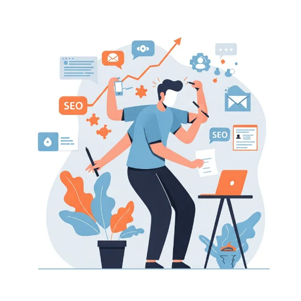 Autónomo mejorando sus ventas con marketing sencillo | Inboundbox Ilustración de un autónomo gestionando su negocio con ayuda de marketing digital: ordenador con gráficos de crecimiento, teléfono móvil y elementos de redes sociales. Diseño minimalista en azules y naranjas.