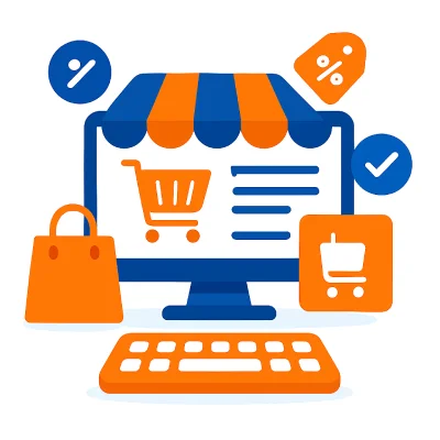 Valencia:: diseño de tienda online e – Ilustración ecommerce moderna Valencia: Ilustración digital representando el diseño de tienda online ecommerce, estilo moderno y colores corporativos