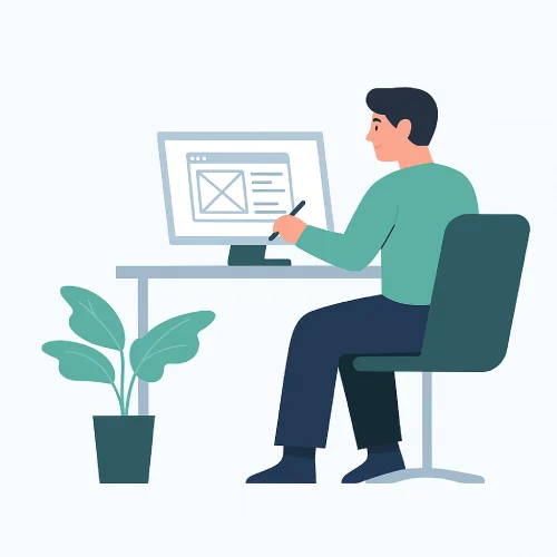 Valencia; Cómo diseñamos webs en – Proceso visual de trabajo web Valencia; Ilustración de una persona diseñando una página web profesional en un escritorio, ideal para representar el proceso de creación web para negocios locales.
